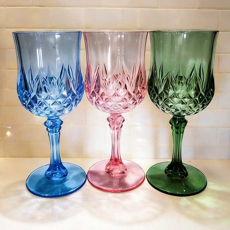 Colored diamond cut wine glass PS 220ml reusable plastic OEM China